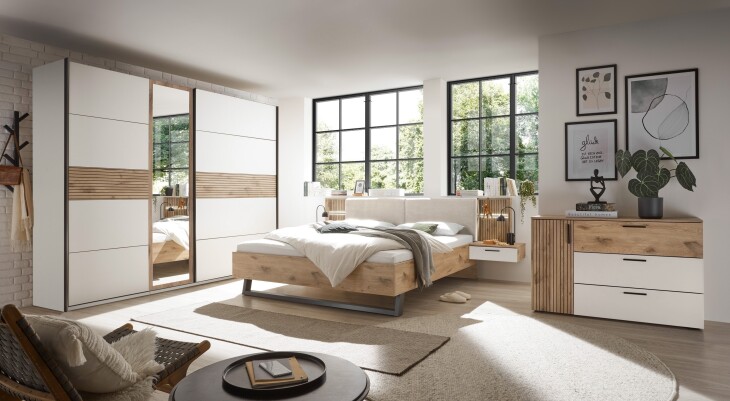 Schlafzimmer-Set >Daria< (3-teilig) Kleiderschrank, Doppelbett, Kommode,  Viking Oak / weiss