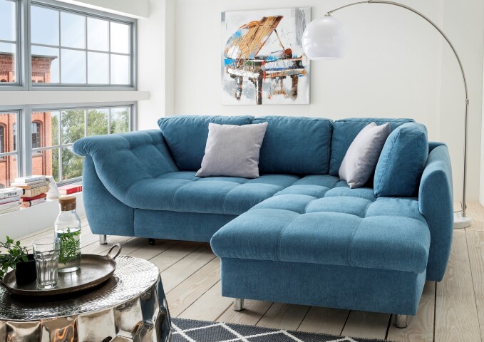 Polsterecke >Allin< Schlaffunktion, 6 Kissen, Bezug denim / silber - 250x66x190 (BxHxT)