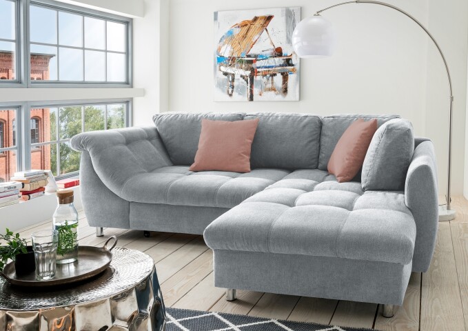 Polsterecke >Allin< Schlaffunktion, 6 Kissen, Bezug Grau / Flamingo - 250x66x190 (BxHxT)