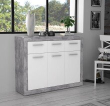Sideboard >BACCIO< 3 Türen Betonoptik Lichtgrau / Weiss - 117,7x91,8x33,8cm (BxHxT)