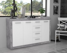 Sideboard >BACCIO< 3 Türen, 4 Schübe, Betonoptik grau / Weiss - 152,4x91,8x33,8cm (BxHxT)