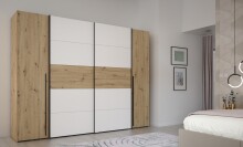 Dreh-/Schwebetürenschrank >NARAGO< 10 Böden, 2 Stangen, Artisan Eiche / Weiß - 270,3x210,5x61,2cm (BxHxT)