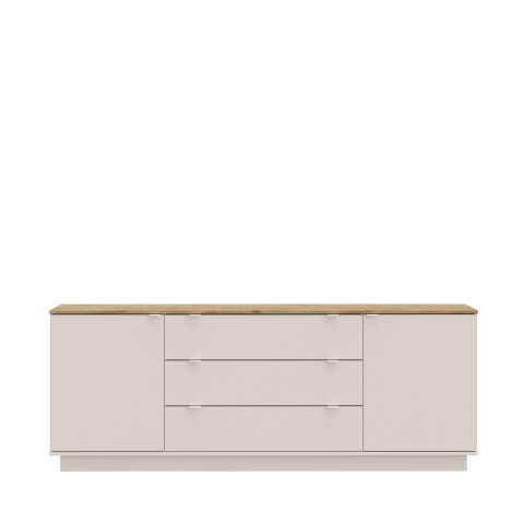 Sideboard >GANYMEDE< 2 Türen, 3 Schübe, Mauvella Eiche / Sand - 224,5x85,7x41,3cm (BxHxT)