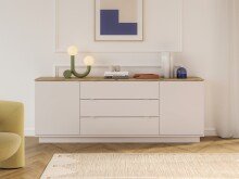 Sideboard >GANYMEDE< 2 Türen, 3 Schübe, Mauvella Eiche / Sand - 224,5x85,7x41,3cm (BxHxT)