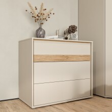 Schubkastenkommode >WEXLIN< 3 Schübe, sandfarbig / Mauvella Eiche Dekor - 96,3x84,1x50,2 (BxHxT)