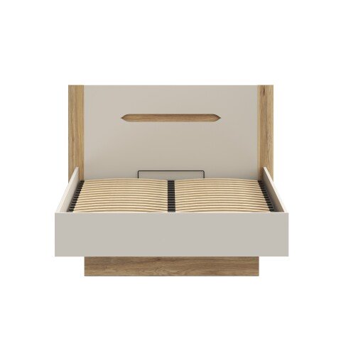 Stauraumbett >EDWAL< Lift-Lattenrost, sandfarbig / Eiche Dekor - 156,2x105,7x206,6cm BxHxT