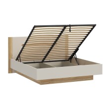 Stauraumbett >EDWAL< Lift-Lattenrost, sandfarbig / Eiche Dekor - 196,2x105,7x206,6cm BxHxT