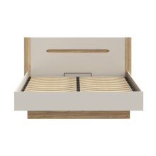Stauraumbett >EDWAL< Lift-Lattenrost, sandfarbig / Eiche Dekor - 196,2x105,7x206,6cm BxHxT