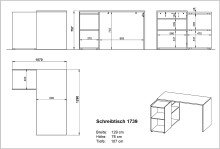 Eckschreibtisch >1739< 5 Fächer, Navarra-Eiche-Dekor - 129x76x107cm (BxHxT)