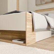 Stauraumbett >WEXLIN< in Sand / Mauvella Eiche Dekor - 100x96,3x210,8cm (BxHxT)
