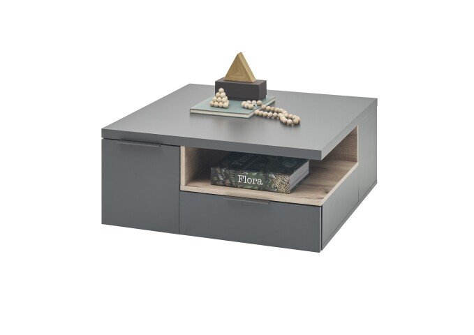 Couchtisch >Enna< 2 Schübe, dunkelgrau, Rima Oak, Span - 80x35x80cm (BxHxT)