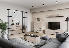 Highboard >CANTORIA< 2 Türen, 3 Schübe, Castello-Eiche-Dekor/Schwarz - 109x150x40cm (BxHxT)