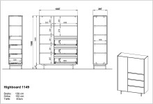 Highboard >CANTORIA< 2 Türen, 3 Schübe, Castello-Eiche-Dekor/Schwarz - 109x150x40cm (BxHxT)