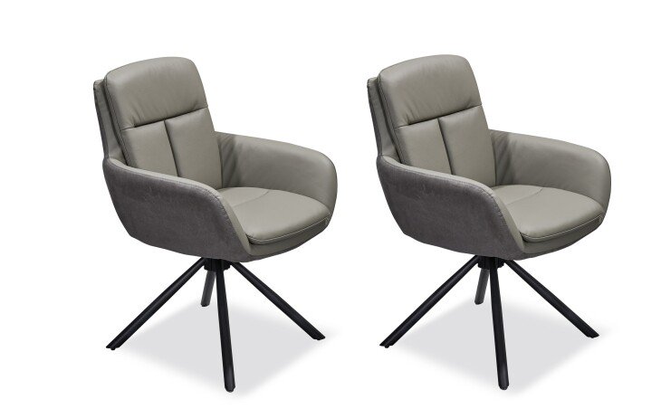 Armlehnstuhl >Amy< (2er Set) drehbar, Echtleder-Sitz + Mikrofaser grau - 63x90x65 (BxHxT)