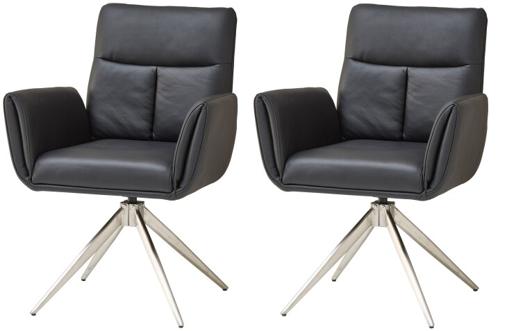 Armlehnstuhl >Sofia Premium< (2er Set) Federkern, drehbar, Leder schwarz,Edelstahl - 61x94x67 BxHxT
