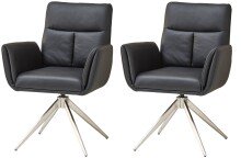 Armlehnstuhl >Sofia Premium< (2er Set) Federkern, drehbar, Leder schwarz,Edelstahl - 61x94x67 BxHxT