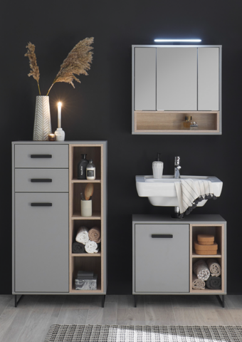 Badezimmer-Set >Tunis< (3-tlg. ) in Grau matt / Abs. Sonoma Eiche Dekor