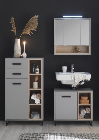 Badezimmer-Set >Tunis< (3-tlg. ) in Grau matt / Abs. Sonoma Eiche Dekor