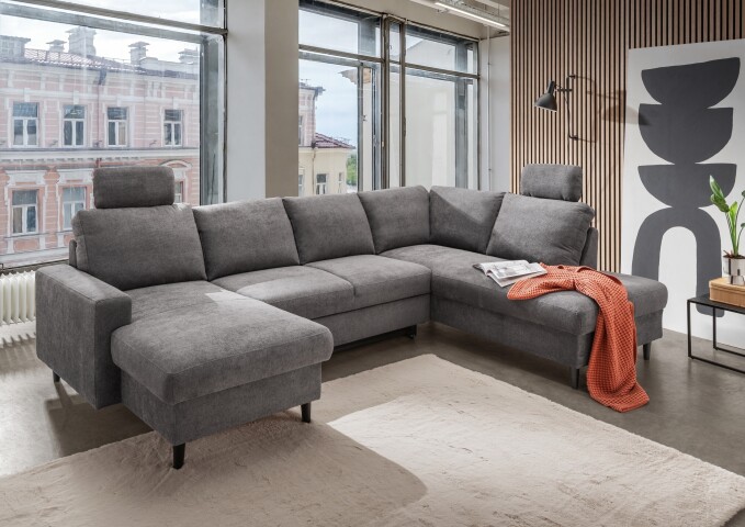 Wohnlandschaft >Pris< Schlaffunktion, Stauraum, dunkelgrau - 153x305x75x200 (LxBxHxT)