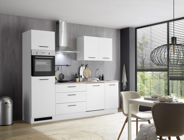 Küchenzeile >Tirol< in Weiß matt / Platte Wotan Eiche Dekor- 250x212x60cm (BxHxT)