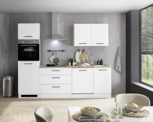 Küchenzeile >Tirol< in Weiß matt / Platte Wotan Eiche Dekor- 250x212x60cm (BxHxT)