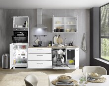 Küchenzeile >Tirol< in Weiß matt / Platte Wotan Eiche Dekor- 250x212x60cm (BxHxT)