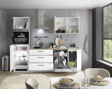 Küchenzeile >Tirol< in Weiß matt / Platte Wotan Eiche Dekor- 250x212x60cm (BxHxT)