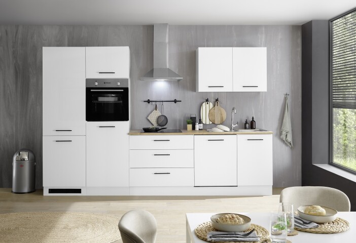 Küchenzeile >Tirol< inkl. Geräte + Spüle, Weiß matt / Wotan Eiche - 310x212x60cm (BxHxT)