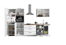 Küchenzeile >Tirol< inkl. Geräte + Spüle, Weiß matt / Wotan Eiche - 310x212x60cm (BxHxT)