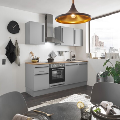 Küchenzeile >Denver< Grau / Grau matt mit Lancelot Eiche Dekor - 220x211x60cm (BxHxT)