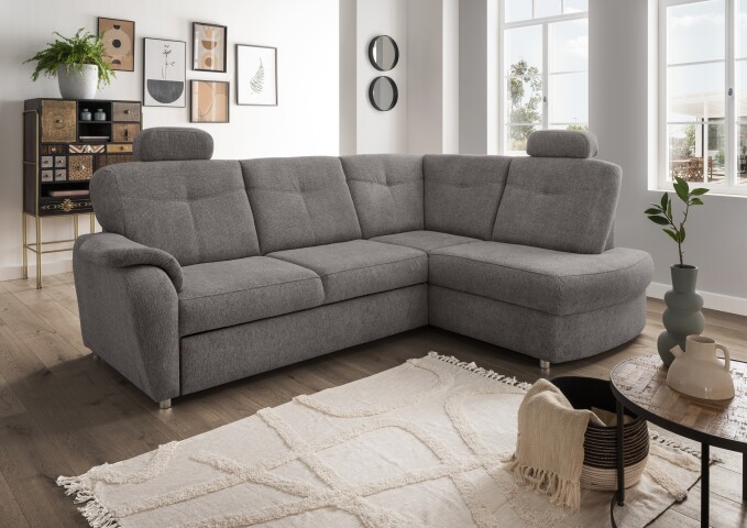 Ecksofa >Elli< Schlaffunktion, Stauraum, Kopfstützen, grau-braun - 264x92x180cm BxHxT