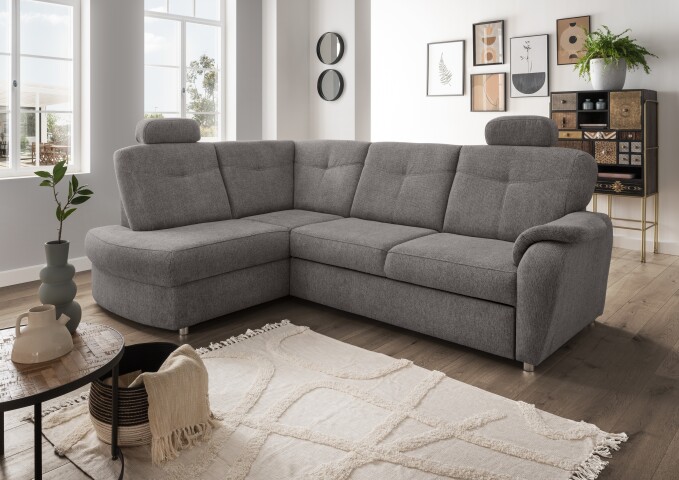 Ecksofa >Elli< Schlaffunktion, Stauraum, Kopfstützen, grau-braun - 264x92x180cm BxHxT
