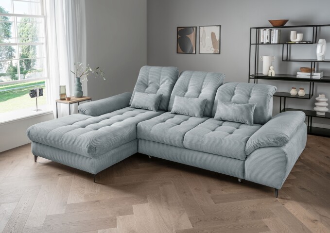 Polsterecke >Devland< Schlaffunktion, Stauraum, Cord Aqua - 273x105x189cm (BxHxT)