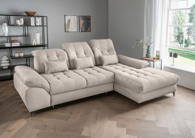 Polsterecke >Devland< Schlaffunktion, Kopfteilverstellung, Cord beige - 273x105x189cm BxHxT