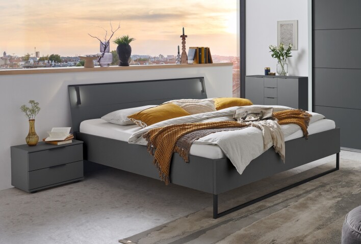 Bettanlage >Tilburg< (4tlg. ) LED, Bett 188x92x210, Nachtkommoden, Sideboard, Farbe Grafit