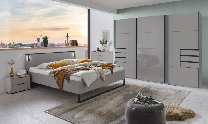 Schlafzimmer-Set >Tilburg< (4tlg.) Bett 168x92x210cm, Schrank, Nachtkommoden, Saharagrau / Grafit
