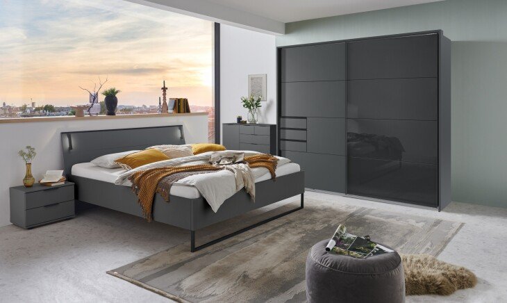 Schlafzimmer-Set >Tilburg< (5tlg.) Bett 188x92x210cm, Schrank, 2 Nachtkommoden, Sideboard, Grafit