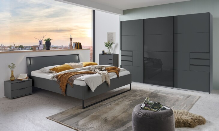 Schlafzimmer-Set >Tilburg< (5tlg.) Bett 188x92x210cm, Schrank, 2 Nachtkommoden, Kommode, Grafit
