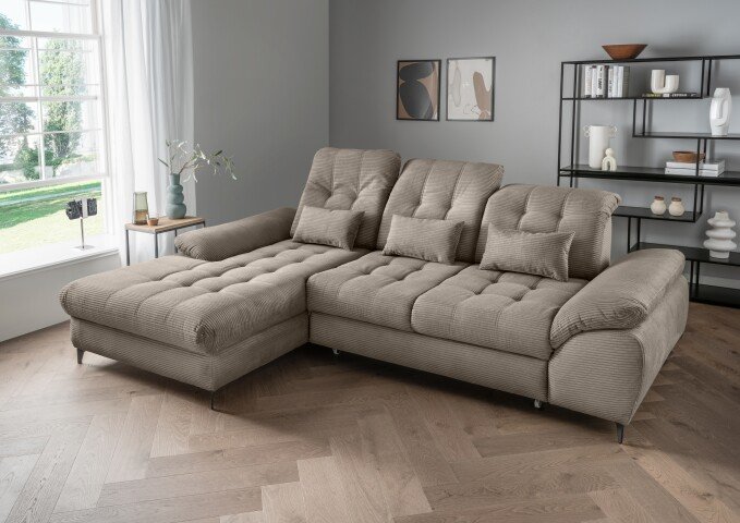 Polsterecke >Devland< Schlaffunktion, Stauraum, Cord grau-braun - 273x105x189cm (BxHxT)