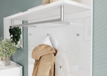 Wandgarderobe >GW-GENOVA< 5 Haken, Ablage, Stange, Glas / Weiß - 97x96x30cm (BxHxT)