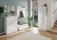 Garderobenschrank >GW-GENOVA< 5 Böden, Kleiderstange, Glas / Weiß - 59x197x40cm (BxHxT)