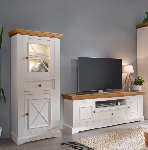 Wohnwand >WZ-0133< (2-teilig) weiss / eichefarbig - 268x177x42 (BxHxT)