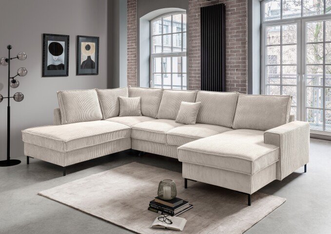 Wohnlandschaft >Rube< Schlaffunktion, Stauraum, Cord beige - 309x92x198cm (BxHxT)