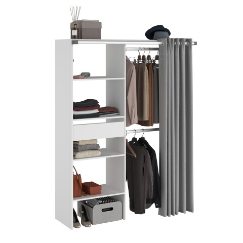 Vorhang-Schrank >Bari 1< 2 Stangen, 5 Fächer, Weiss / grau - 143x182x48cm (BxHxT)