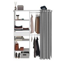 Vorhang-Schrank >Bari 1< 2 Stangen, 5 Fächer, Weiss / grau - 143x182x48cm (BxHxT)