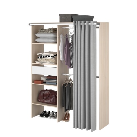 Vorhang-Schrank >Bari 2< 2 Stangen, 5 Fächer, Akazie Dekor / grau - 143x182x48cm (BxHxT)