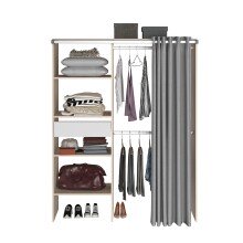 Vorhang-Schrank >Bari 2< 2 Stangen, 5 Fächer, Akazie Dekor / grau - 143x182x48cm (BxHxT)