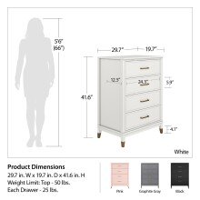 Hochkommode >Bendik< 4 Schubladen, in Rot, MDF/Kautschukholz - 76x106x50cm (BxHxT)