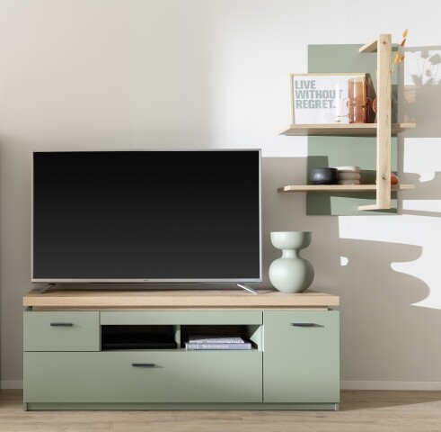 Wohnwand >MONIZ< (2-teilig) Salbei / Eiche, Lowboard 156x57x44cm, Wandboard 65x96x26cm