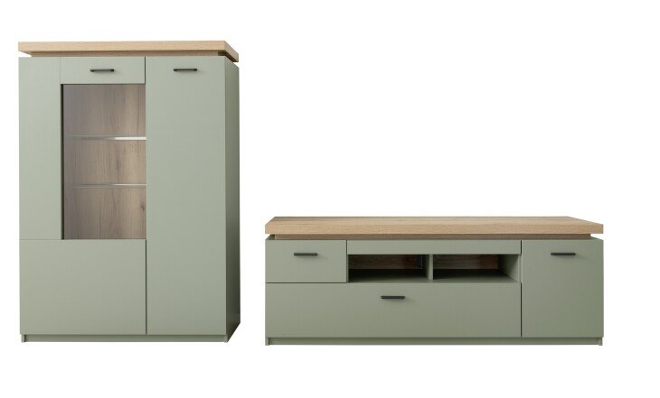 Wohnwand >MONIZ< (2-teilig) Salbei /Eiche, Lowboard 156x57x44cm, Highboard 98x144x38cm
